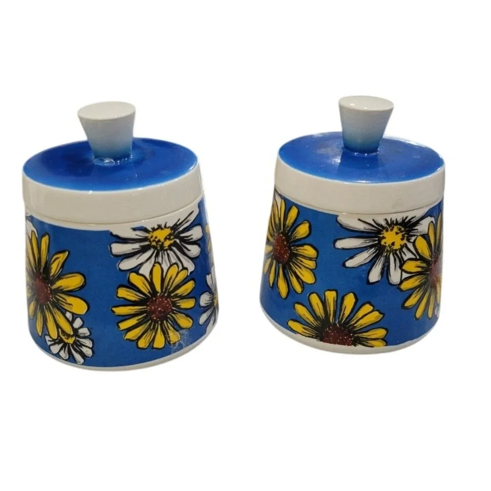 Vintage W. Goebel 1963 Germany Sugar Creamer Set Blue Daisy Floral Ceramic